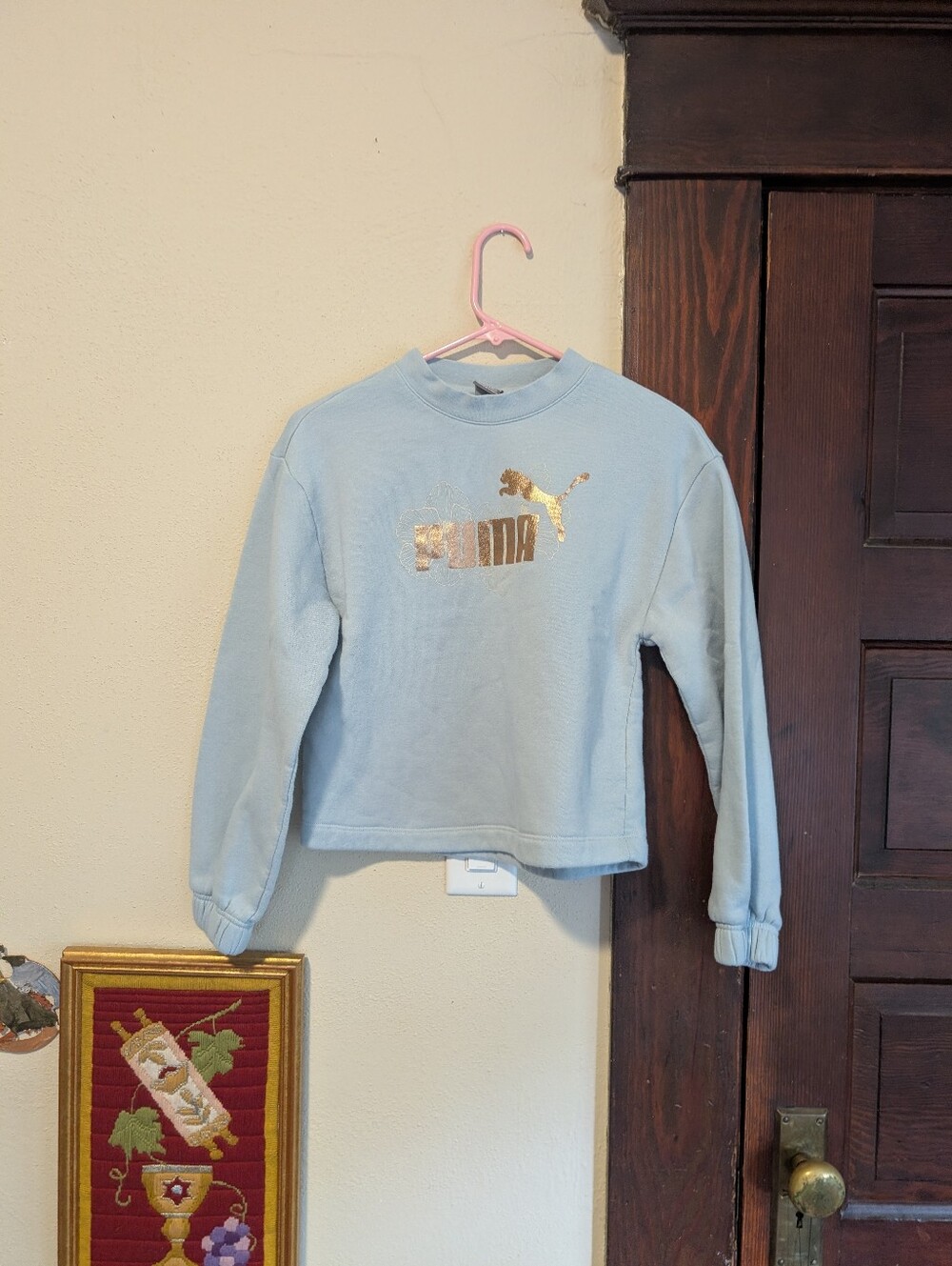 PUMA Sweatshirt Baby Blue Metallic Rose Gold Logo Floral Design Girls XL